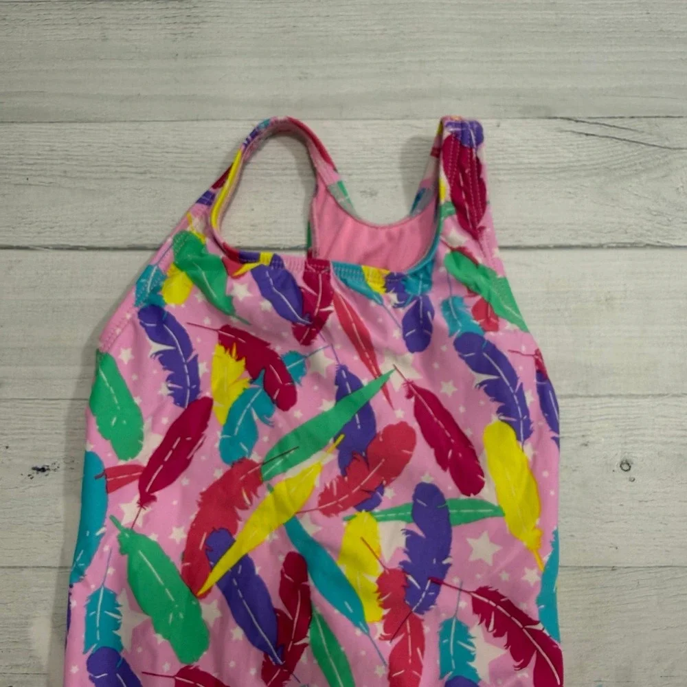 TYR‎ girls colorful pink rainbow feather print one piece swimsuit 4/5